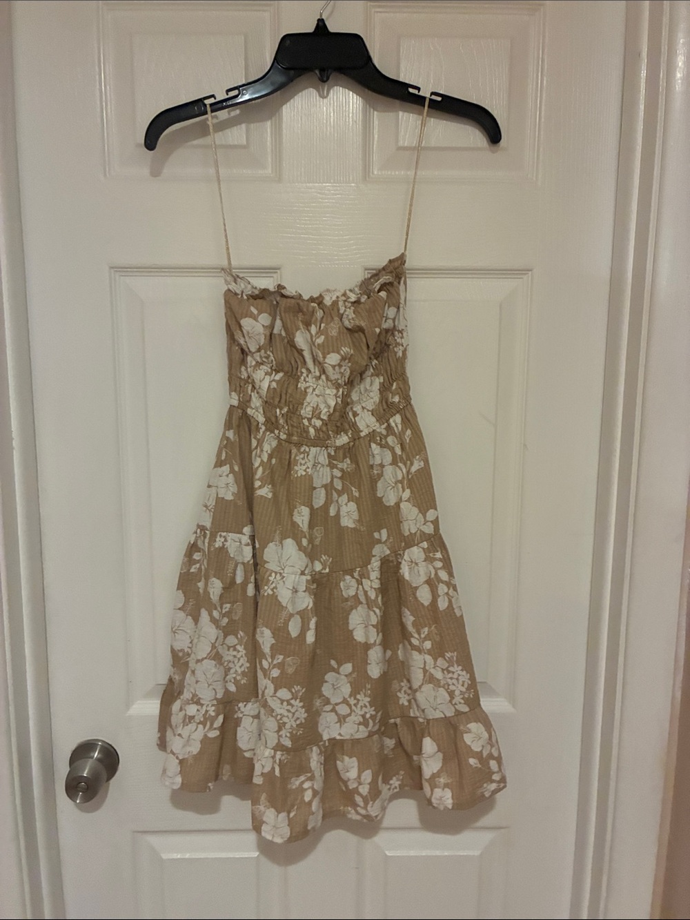 Beige Floral Smocked strapless Sundress with White Blooms Aeropostale